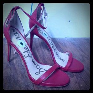 Open toe red heels